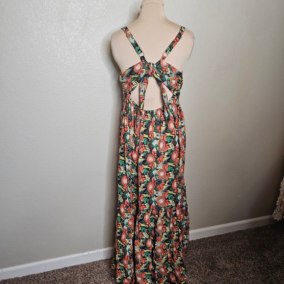 Natural Life Maxi Dress Mod Floral Print Tie Back Midi Orange Green Yellow Large - Picture 4 of 10